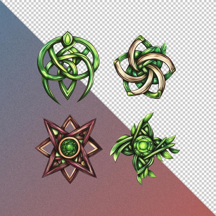 PSD conjunto de cuatro intrincados diseños de nudos celtas verdes y marrones
