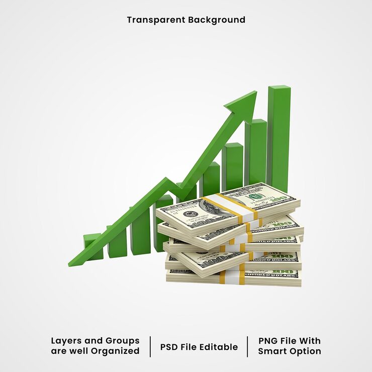 PSD crecimiento financiero con pilas de billetes de dólar y gráfico de barras ascendente