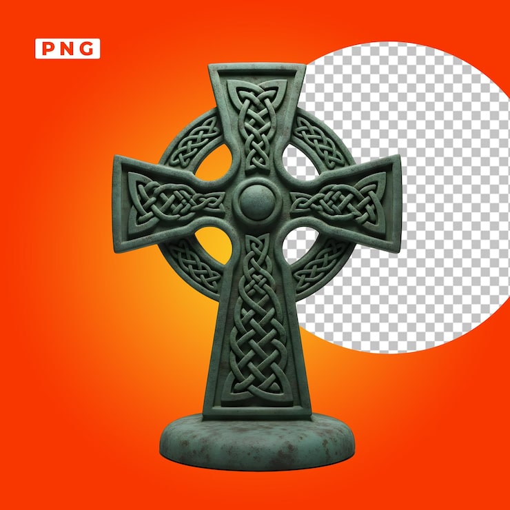 PSD cruz celta de piedra aislada renderizada en 3d con intrincado trabajo de nudos png