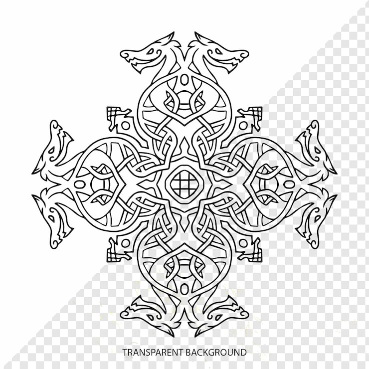 PSD cruz de nudo celta con cabezas de dragón. arte lineal