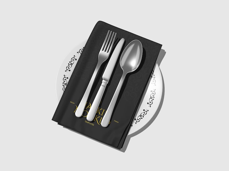PSD cubiertos y servilleta dispuestos en plato para montaje de mesa
