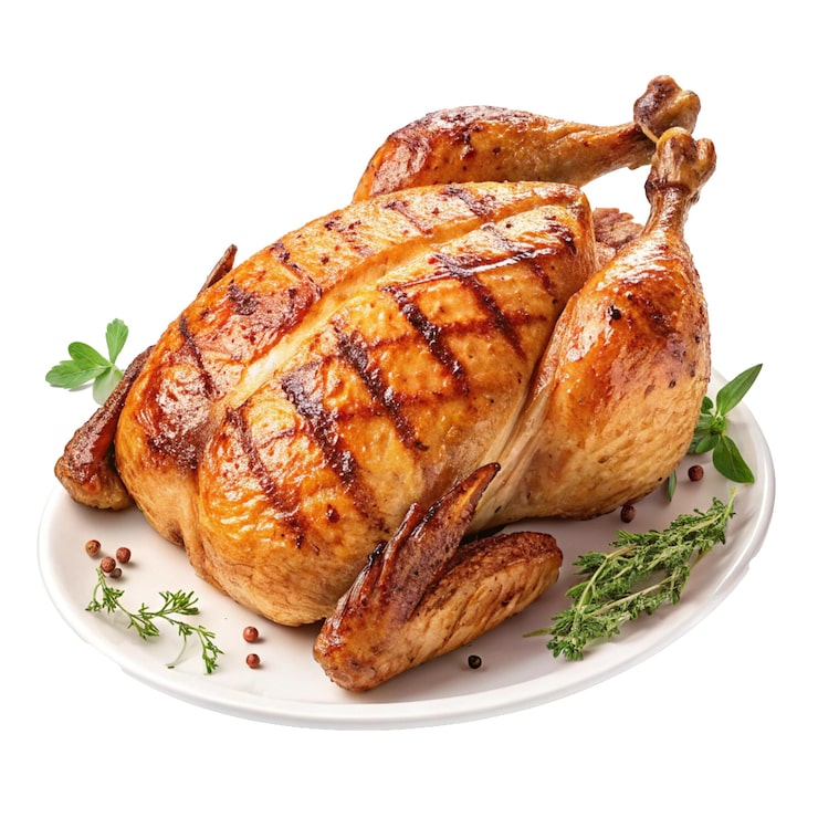 PSD un délicieux poulet rôti sur une assiette blanche