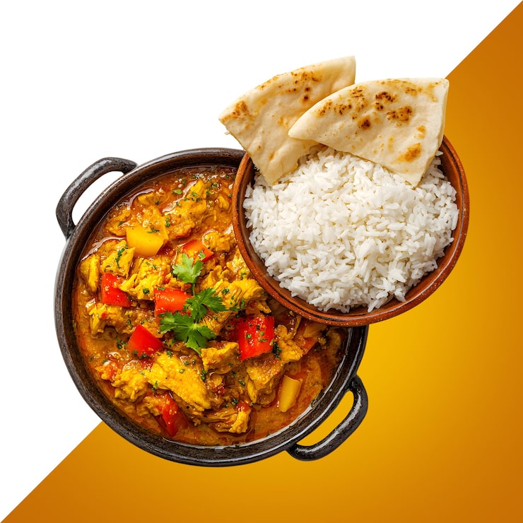 PSD deliciosa refeição de caril de frango com arroz basmati e pão naan
