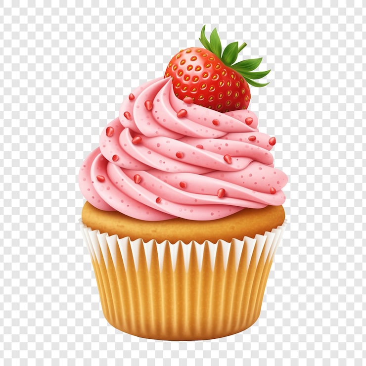 PSD delicioso cupcake de morango com cobertura rosa em fundo transparente