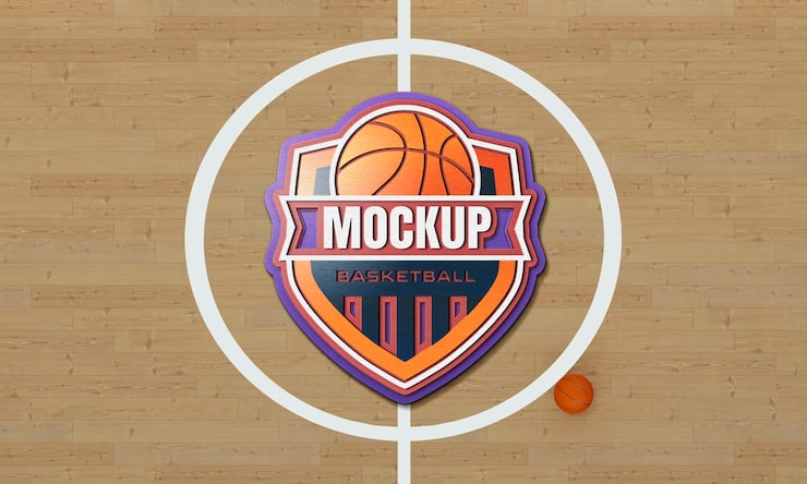 PSD desain mock-up logo lapangan basket