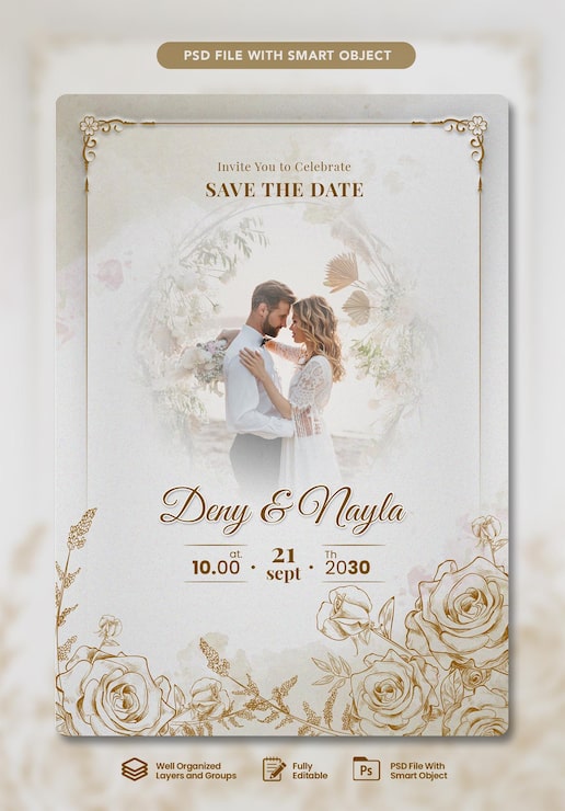 PSD design de modelo de cartão de convite de casamento