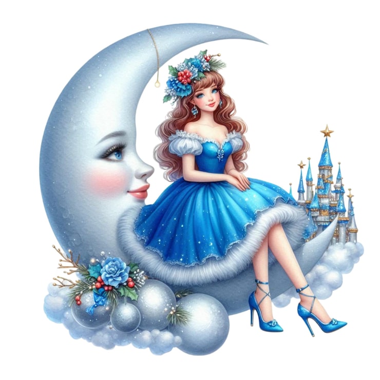 PSD un dibujo de una chica y la luna con un vestido azul y flores