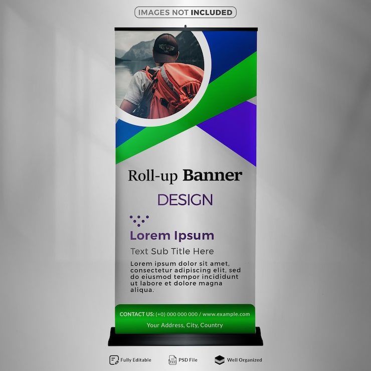PSD diseño de banner enrollable para viajes y promoción
