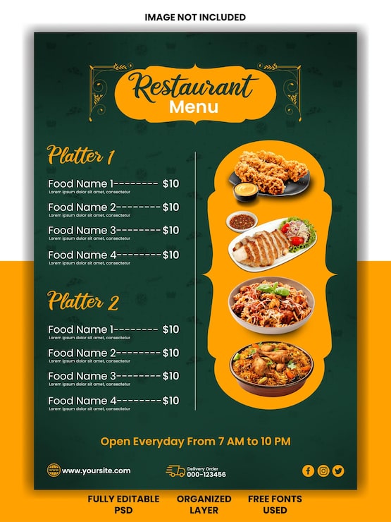 PSD diseño del volante del menú del restaurante psd