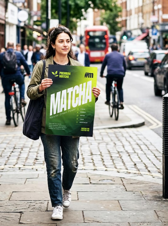 PSD donna che cammina su una strada cittadina con in mano un poster pubblicitario di tè matcha