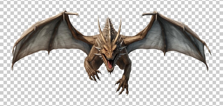PSD el dragón volador en vista frontal aislado en un fondo transparente