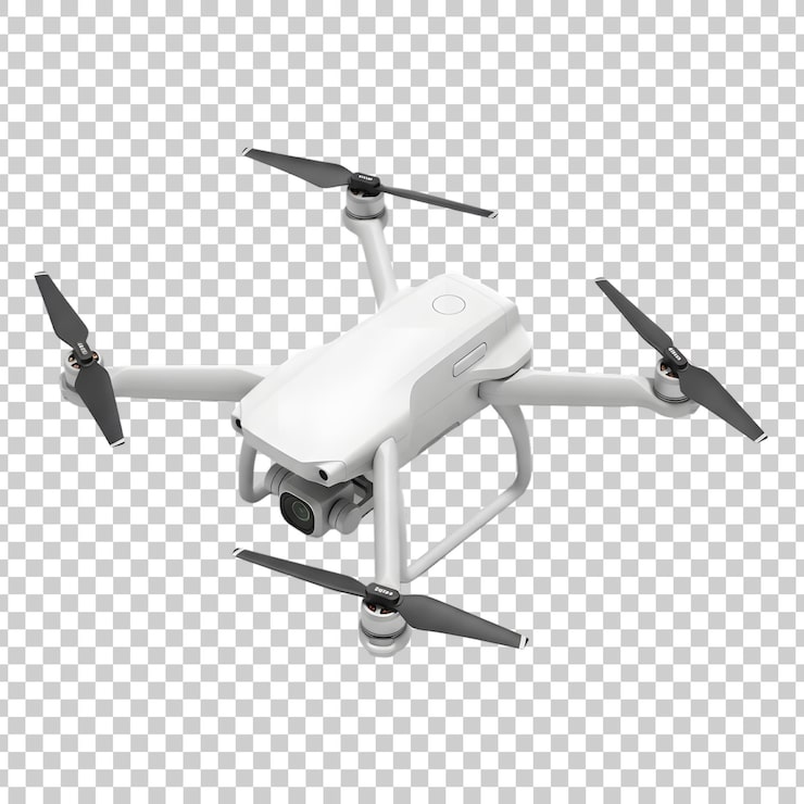 PSD drone branco com quatro hélices em fundo transparente