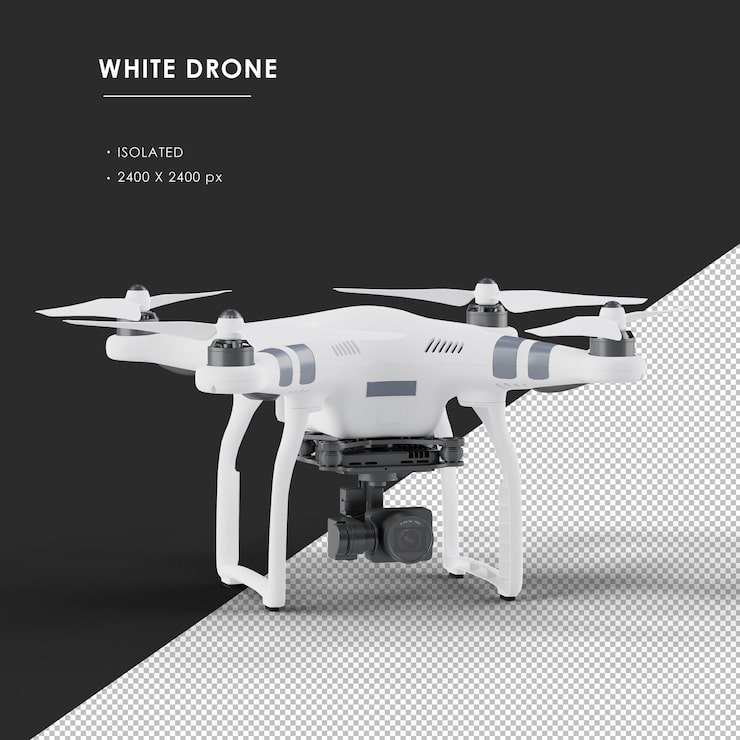 PSD drone branco isolado da vista frontal superior do ângulo esquerdo