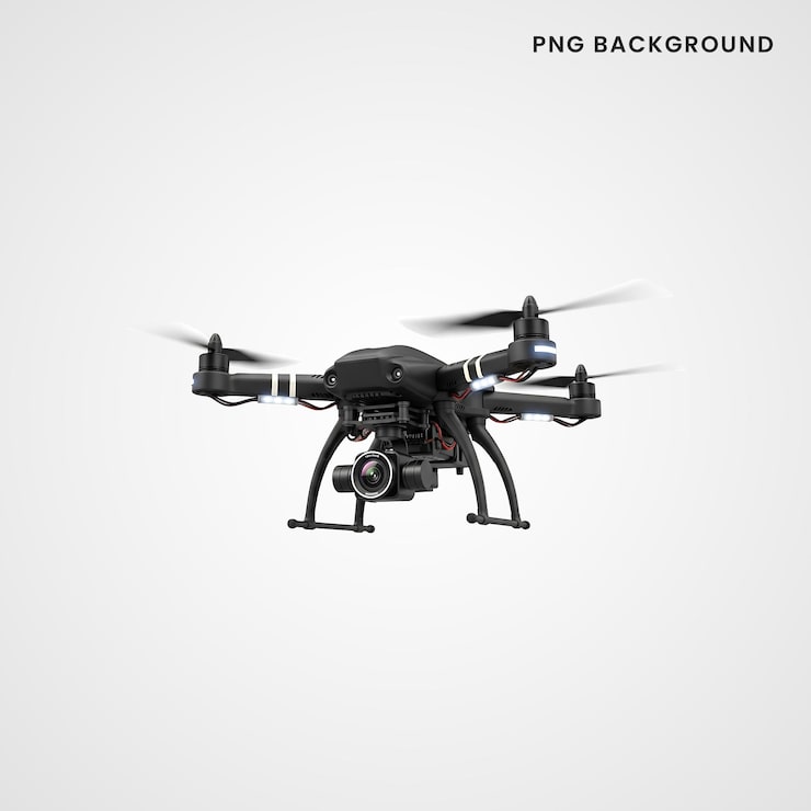 PSD drone preto com câmera isolada em fundo branco