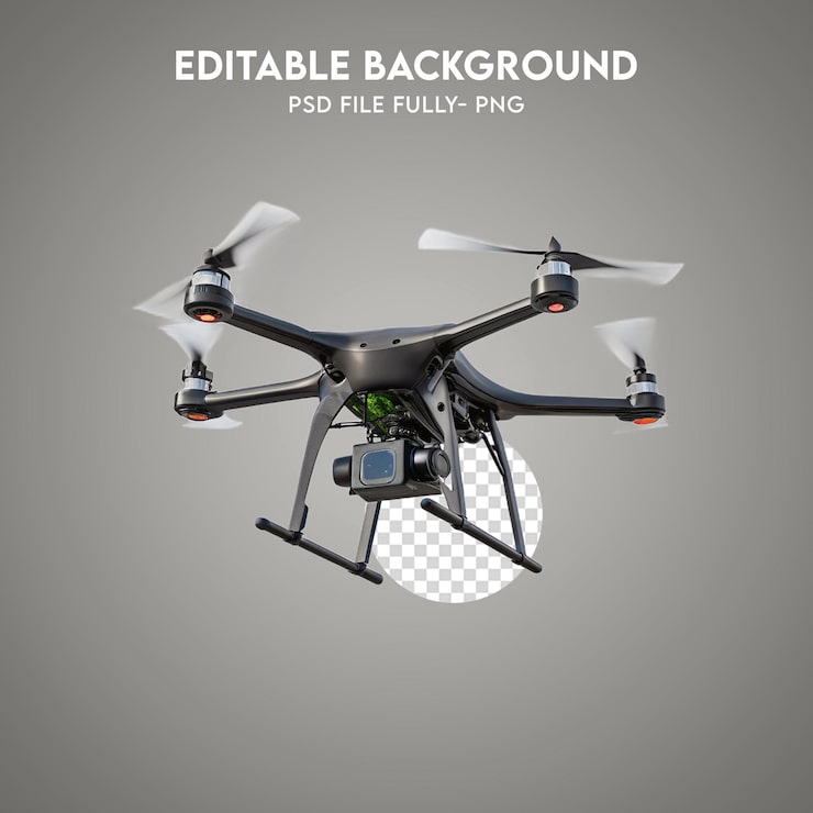 PSD drone quadricóptero preto profissional com câmera em fundo editável