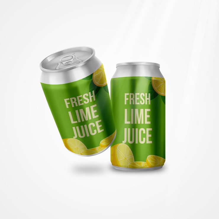 PSD dua kaleng jus jeruk nipis segar diperlihatkan dengan lemon di atasnya mockup psd