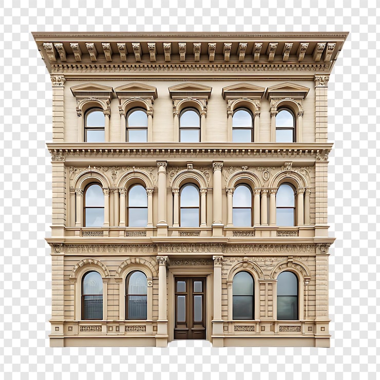 PSD edificio de arquitectura clásica con fachada y ventanas ornamentadas