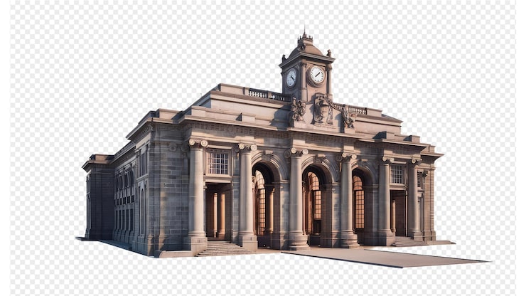 PSD un edificio con un reloj en el frente y el reloj en la parte superior