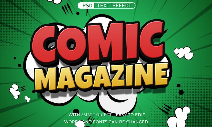 PSD efecto de estilo 3d de dibujos animados de texto editable para revistas de cómics