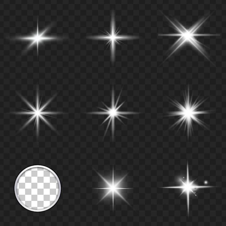 PSD efectos de luz de estrella brillante blanca y limpia sobre fondo transparente