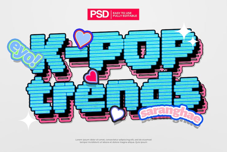 PSD efeito de texto editável de desenhos animados de tendências do kpop