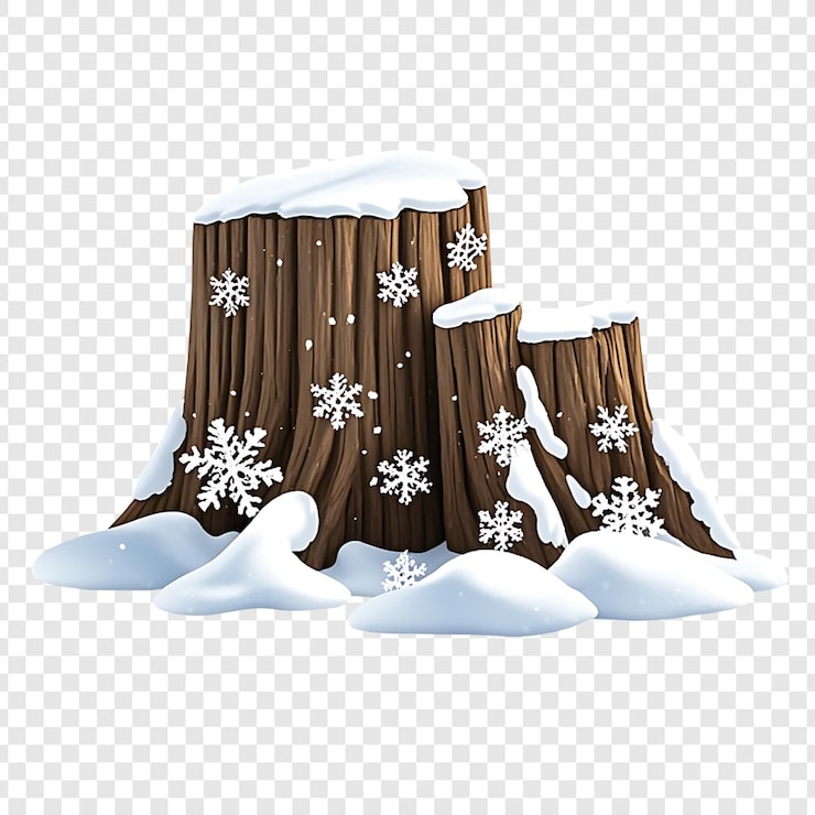 PSD ein alter baumstumpf, der mit schnee bedeckt ist und auf einem durchsichtigen hintergrund isoliert ist
