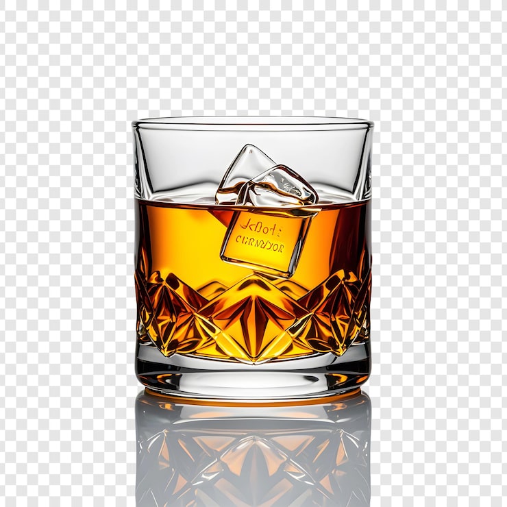 PSD ein glas whiskey mit einem schild, auf dem steht: whiskey