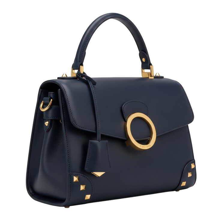 PSD elegant navy blue leather handbag with gold accents