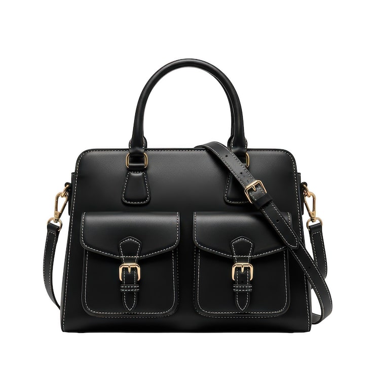PSD elegant sac à main en cuir noir avec des accents dorés