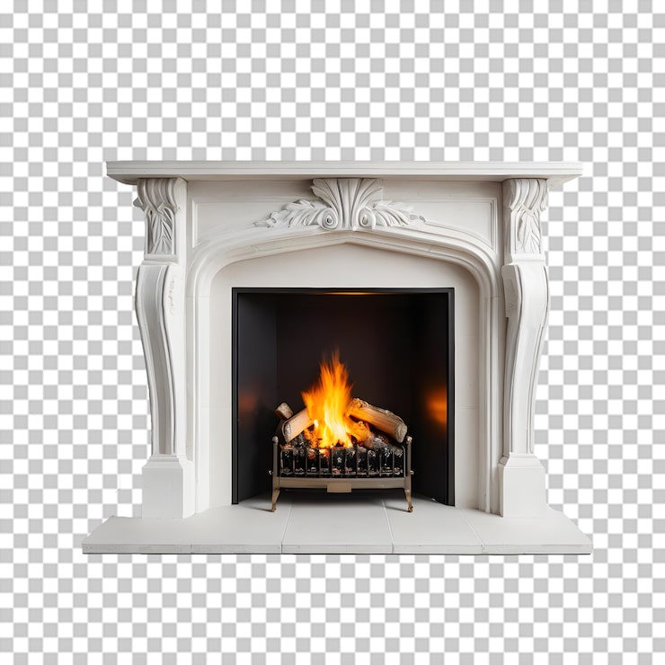 PSD une élégante cheminée blanche avec un feu ardent prête pour des projets d'aménagement d'intérieur