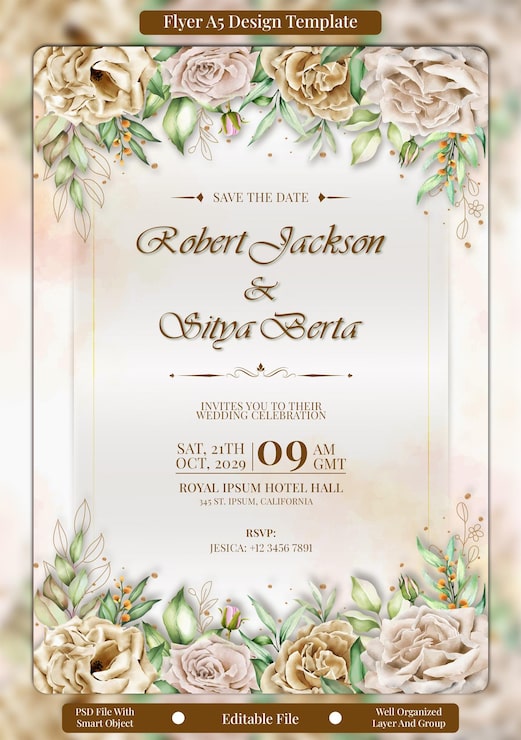 PSD elegante flyer de invitación floral de boda