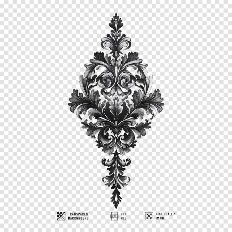 PSD elegante y intrincado diseño de tatuaje de patrón damasco negro con fondo transparente