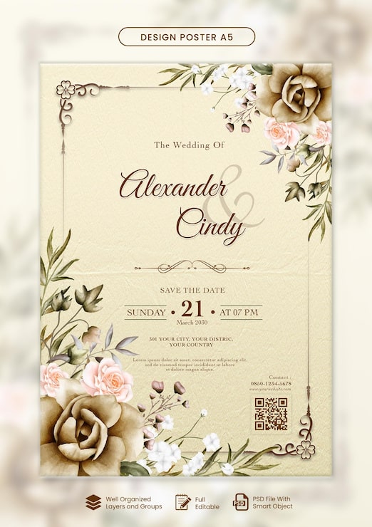 PSD elegante invitación floral para la boda - guarde la fecha