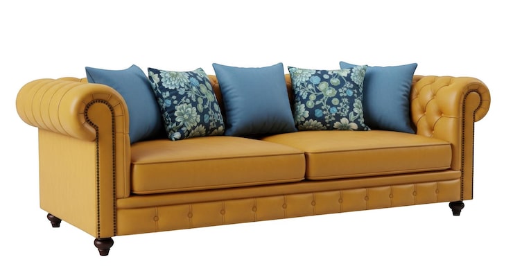 PSD elegante sofá chesterfield con cojines azules