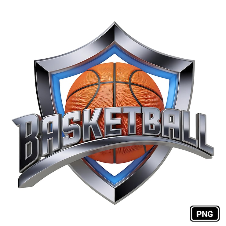 PSD emblem bola basket 3d dinamis dengan perisai metalik dan teks