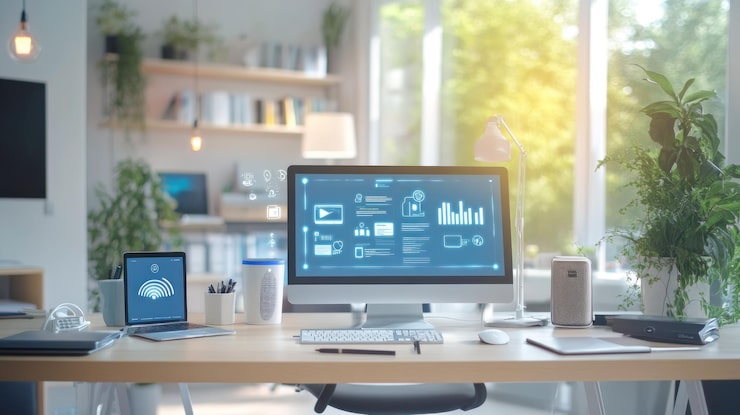 PSD espacio de trabajo moderno con tecnología y vegetación