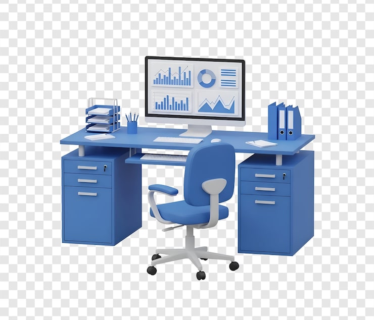 PSD espacio de trabajo de oficina 3d con monitor de análisis de datos.