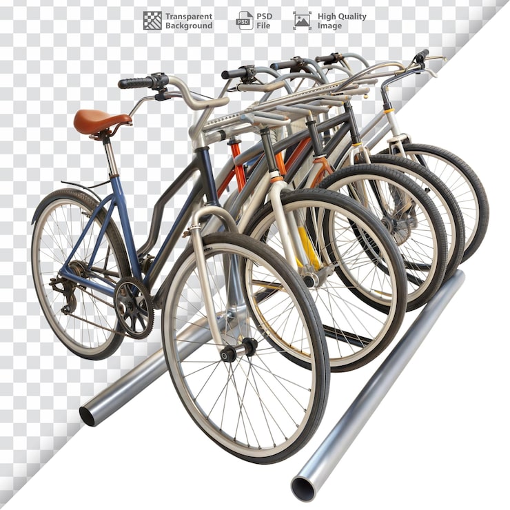 PSD fila de bicicletas estacionadas en un soporte para bicicletas urbano de uso público