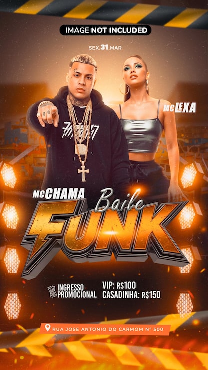 PSD flyer de evento de baile funk con mc chama y mc lexa