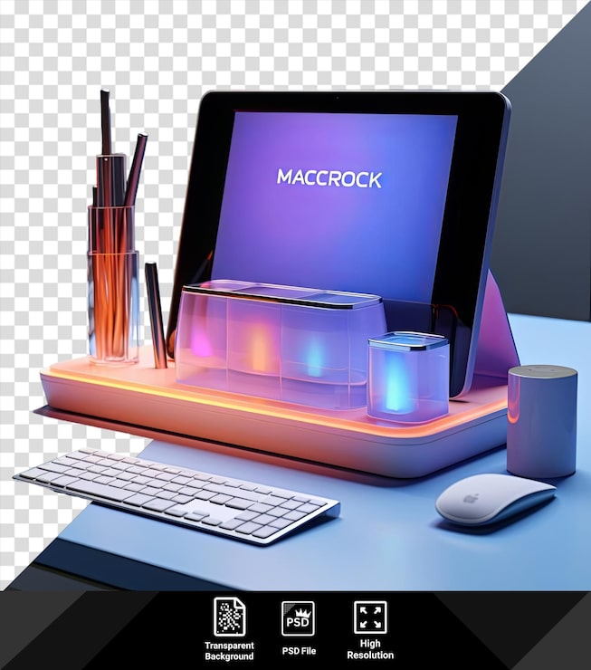 PSD fondo transparente con un teclado blanco y un ratón en una mesa azul acompañado de un vaso alto y una taza blanca y azul contra una pared azul