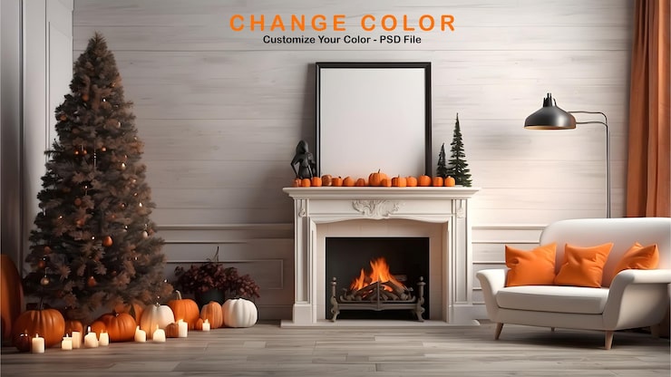 PSD un foyer avec des citrouilles sur le manteau et un foyer pour l'automne