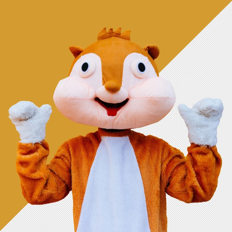 PSD freundliches eichhörnchen-maskottchen-kostüm posiert fröhlich