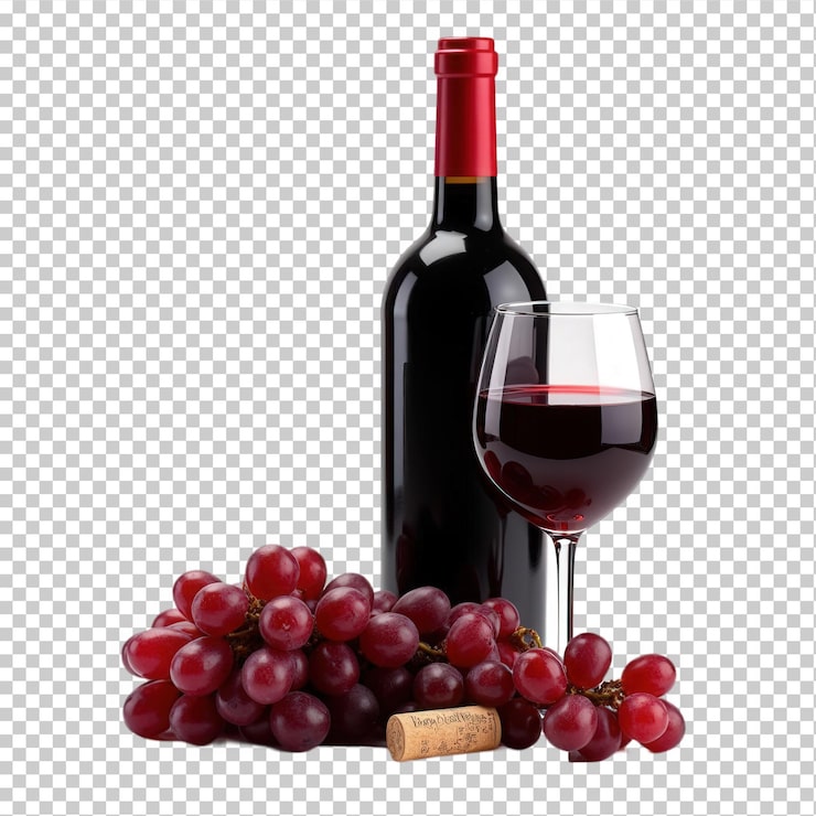 PSD garrafa de vinho tinto, taça, uvas e rolha