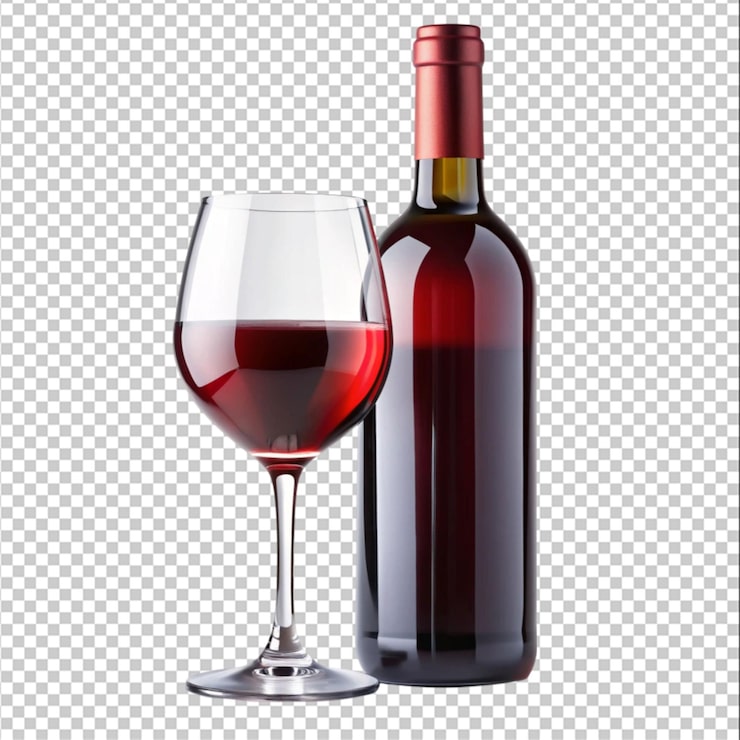 PSD garrafa de vinho vermelho e bebidas alcoólicas de videira isoladas em fundo branco