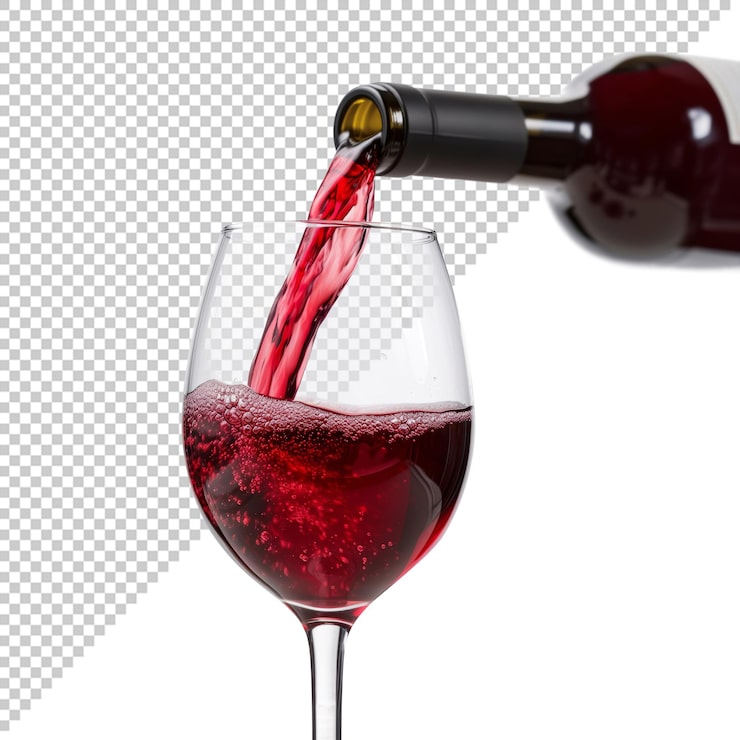 PSD garrafa de vinho vermelho enchendo um copo com fundo editável