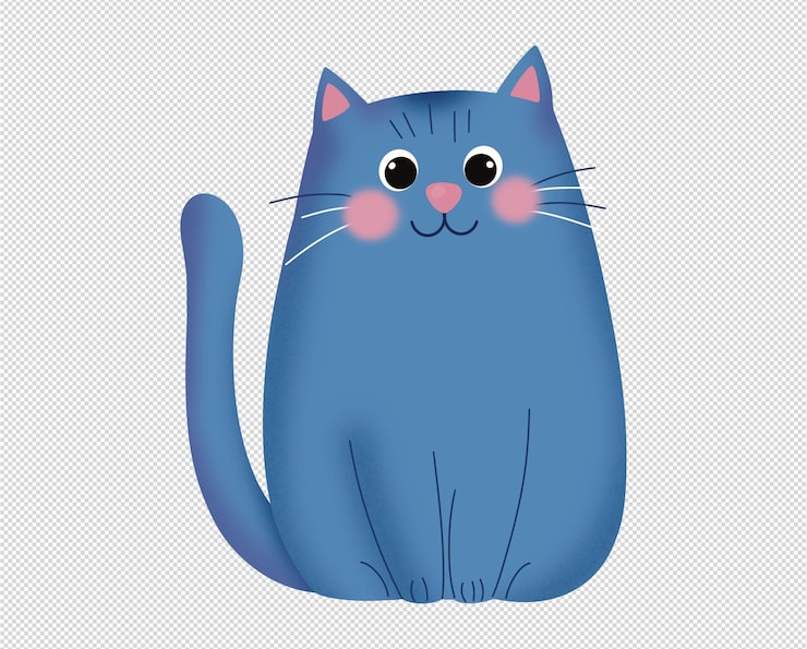 PSD gato azul de desenho animado fofo com bochechas rosas sentado