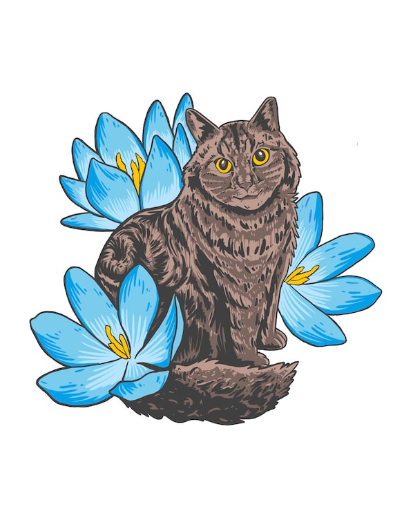 PSD gato castanho com flor azul