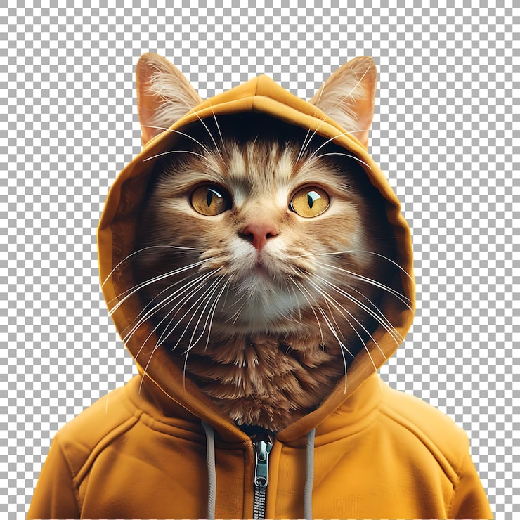 PSD gatto che indossa un cappuccio concept invernale su uno sfondo trasparente generato da ai