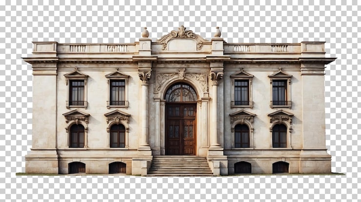 PSD un gran edificio con una gran puerta frontal y un conjunto de ventanas
