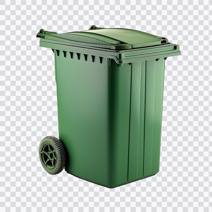 PSD grüner außenmüllcontainer mit deckel und rädern, der zur müll- oder recycling-sammlung und sanitärversorgung verwendet wird